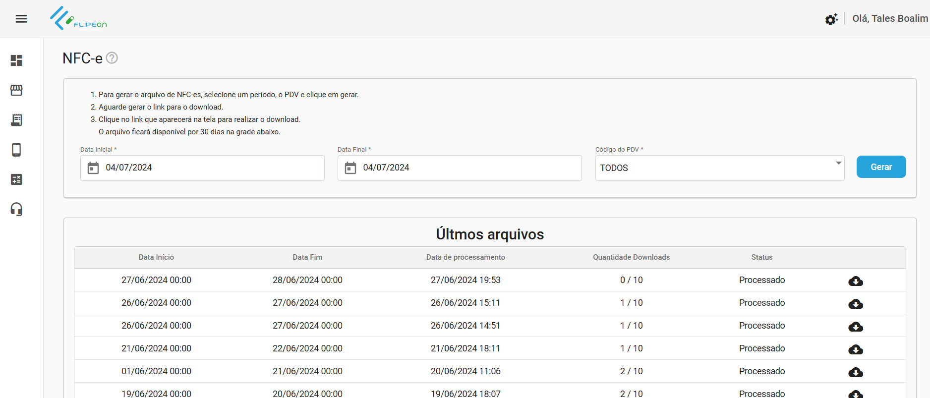 Tela para download de XML da NFCe