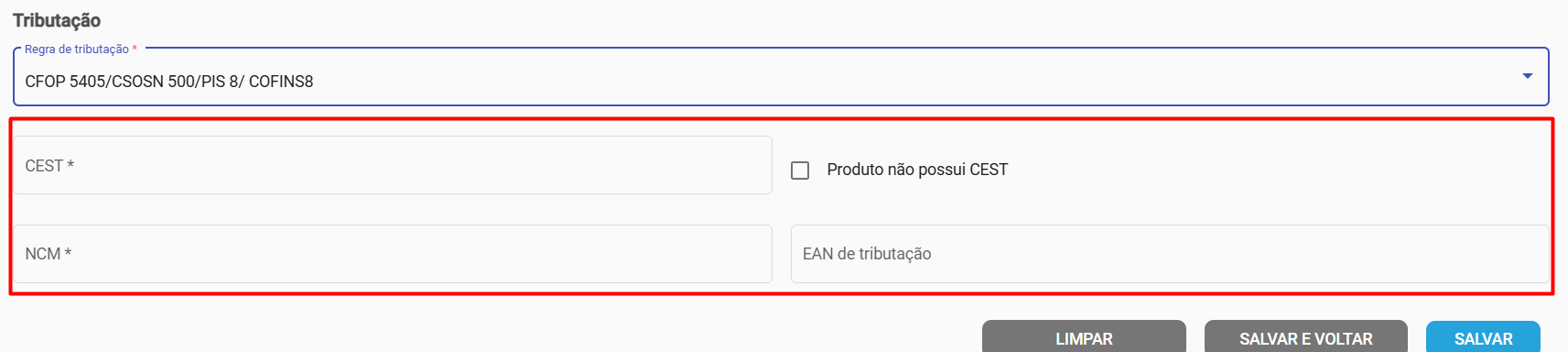 Campos adicionais de tributação de produto